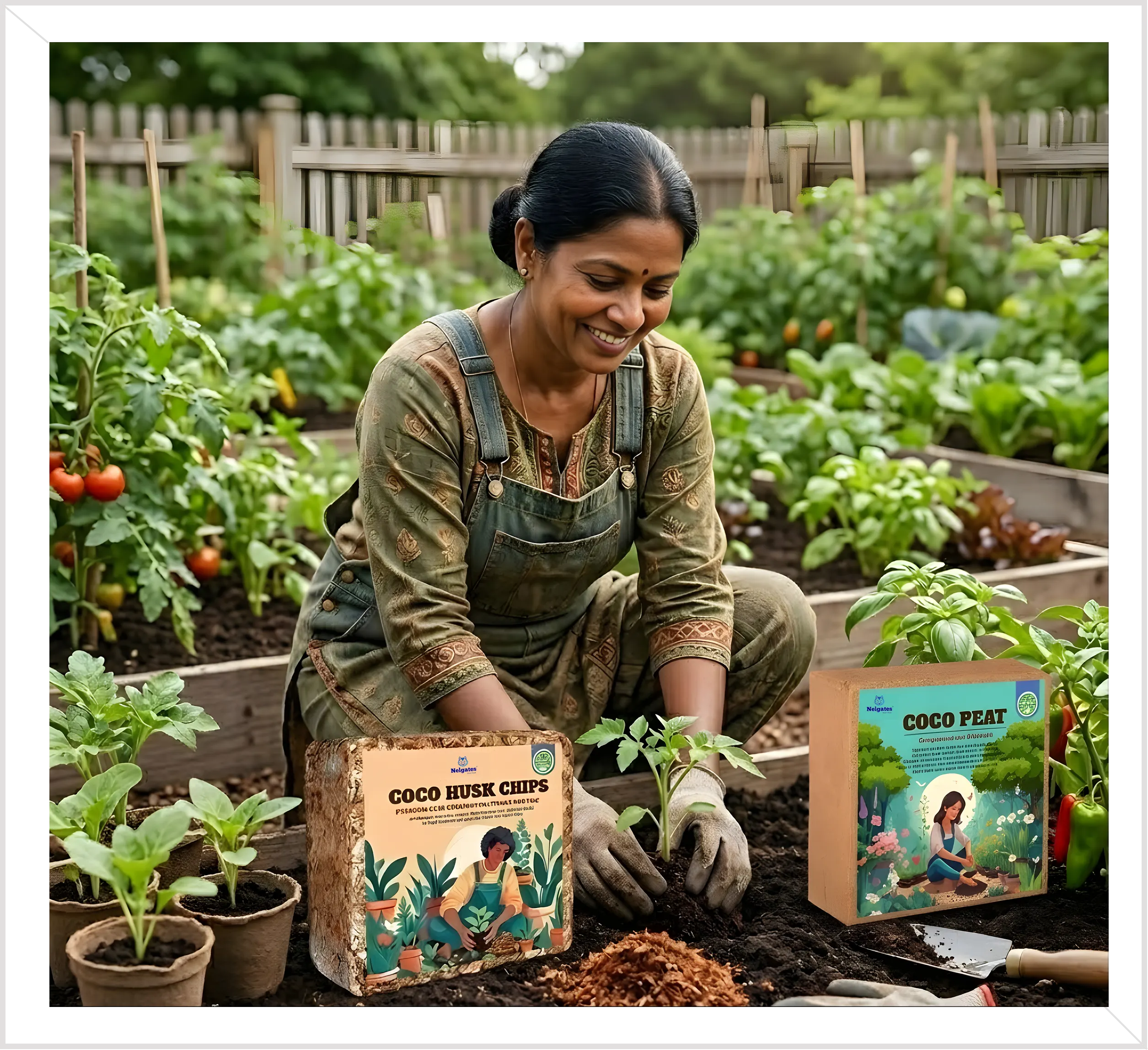 Woman gardening with coco peat products